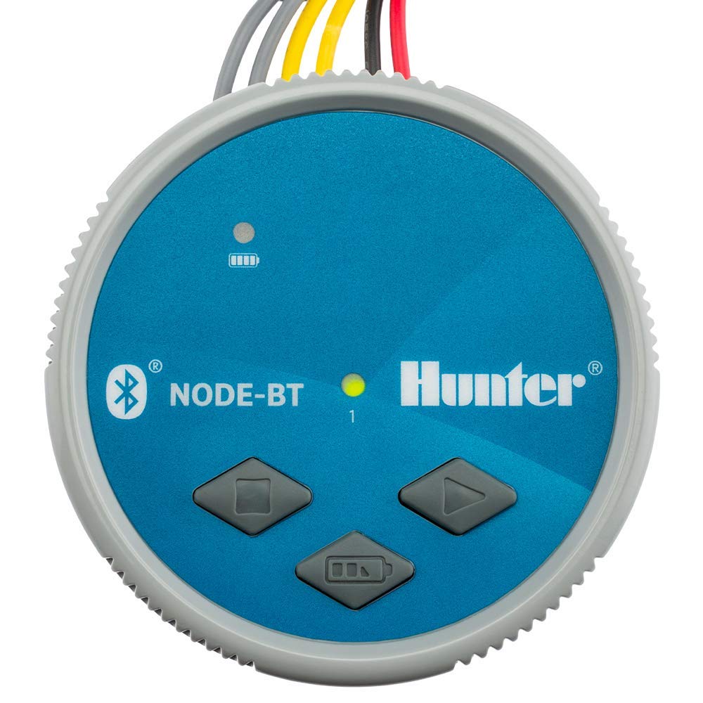 Hunter NODE-BT-100 app control view showing scheduling and battery status.