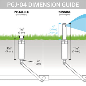 Hunter PGJ-04 rotor sprinkler head 4-inch pop-up above turf for even coverage.