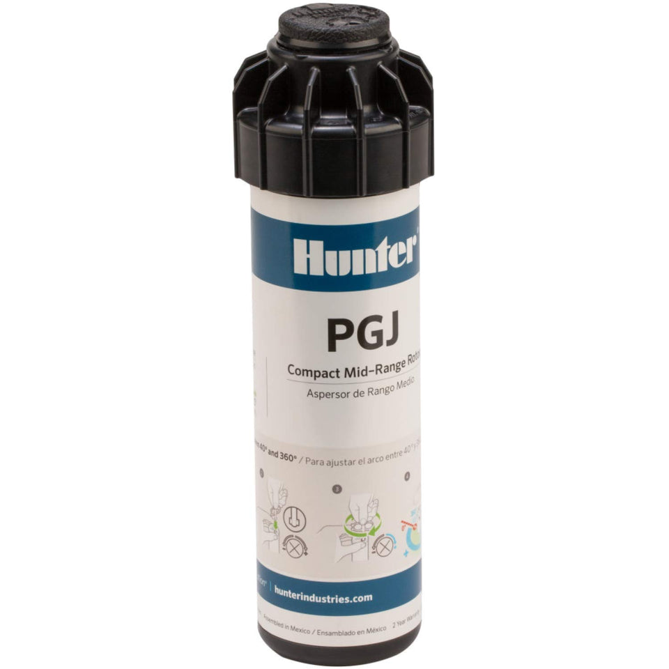 Hunter PGJ-04 rotor sprinkler head top view shows compact housing for tight spaces.