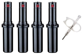 Hunter PGP-adj rotor sprinkler heads in a 4-pack, ideal for even lawn coverage.