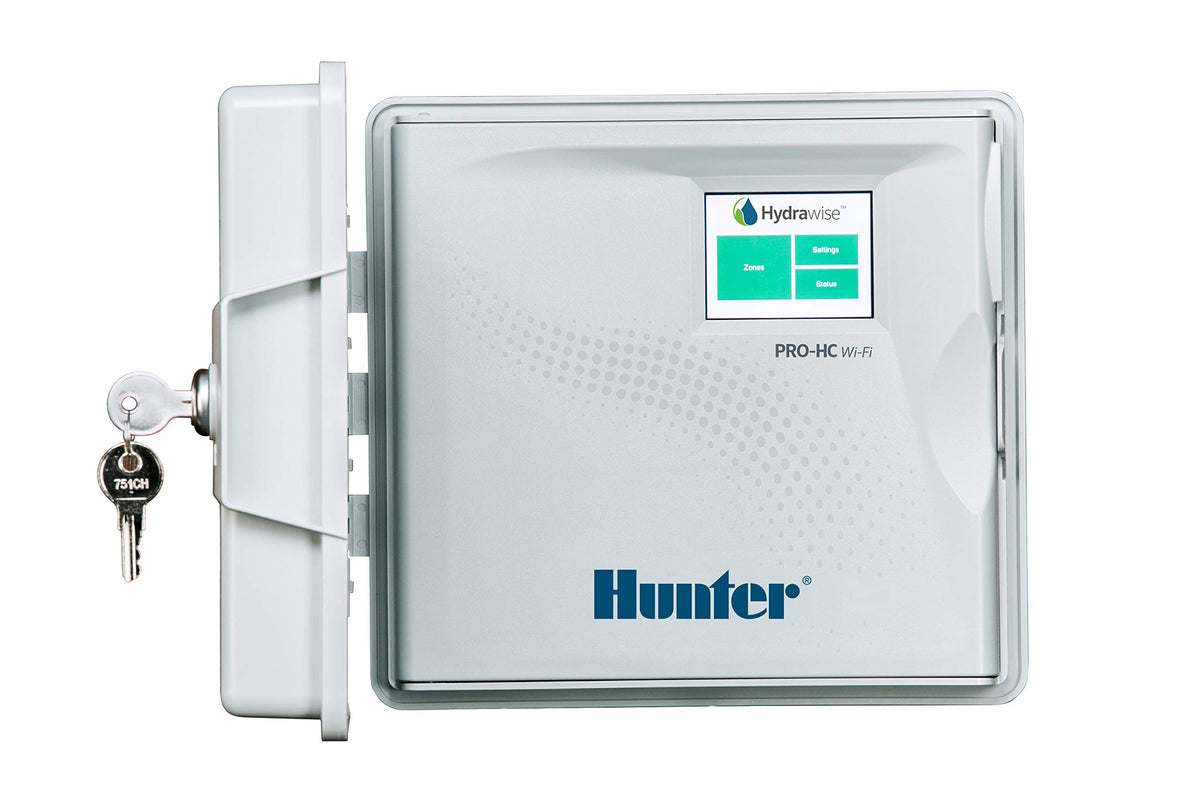 Hunter PRO-HC 1200 outdoor controller mounted on a wall for smart irrigation.
