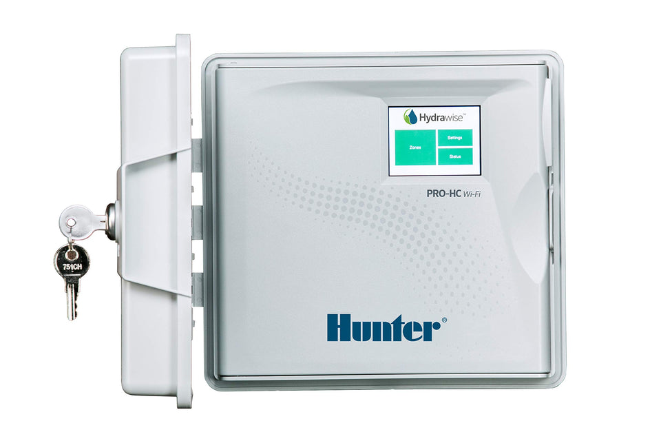 Hunter PRO-HC 1200 outdoor controller mounted on a wall for smart irrigation.