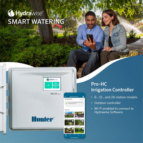 Hunter PRO-HC600 outdoor cabinet installed in a weather-ready irrigation setup.