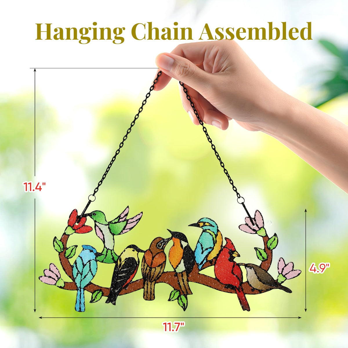 Huray Rayho stained glass sun catcher featuring kingfisher on branch in sunlight