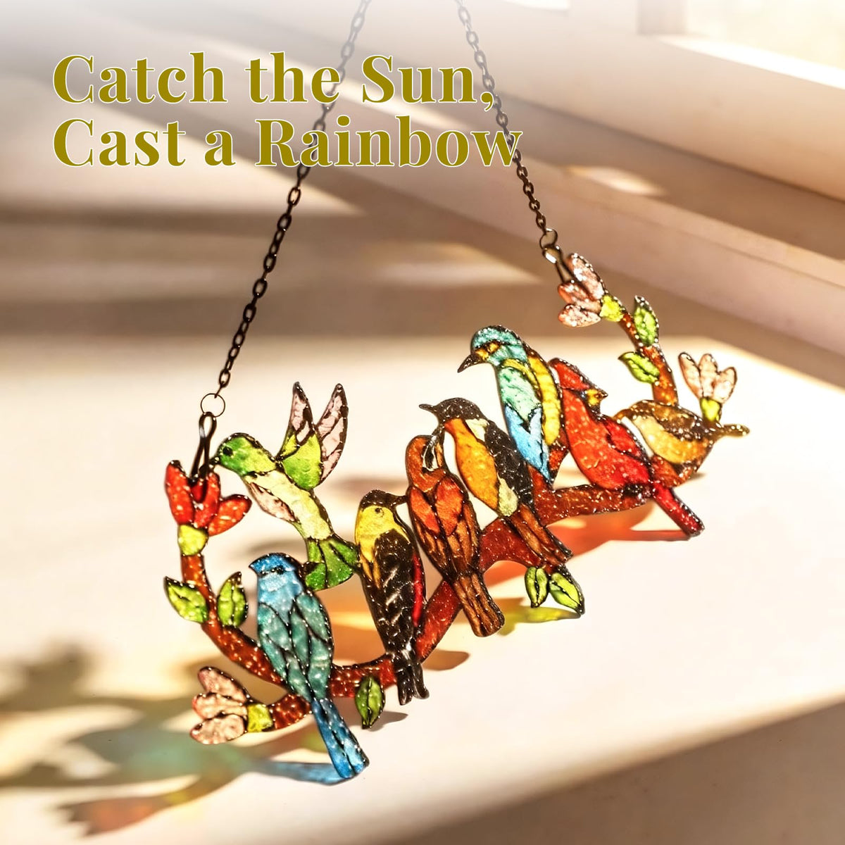 Huray Rayho stained glass sun catcher with various birds on branch for ambiance