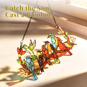 Huray Rayho stained glass sun catcher with various birds on branch for ambiance