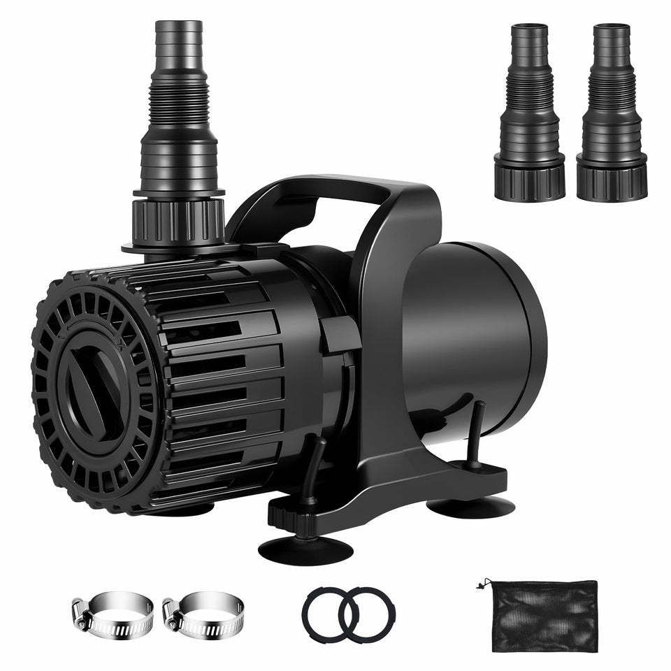 Hurmovae adjustable-flow pond pump showing 1800 GPH capability for waterfalls.