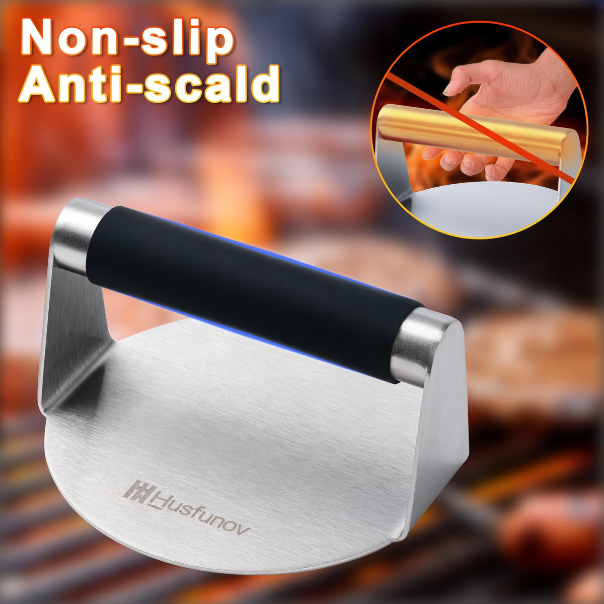 Husfunov burger press anti-scald handle provides safe grip during grilling.