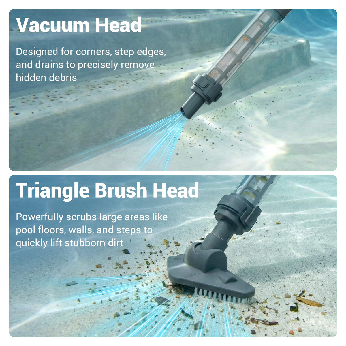 HUSHLIGHT cordless spa vacuum four-piece pole extends up to seven and a half feet.