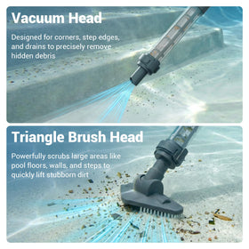 HUSHLIGHT cordless spa vacuum four-piece pole extends up to seven and a half feet.