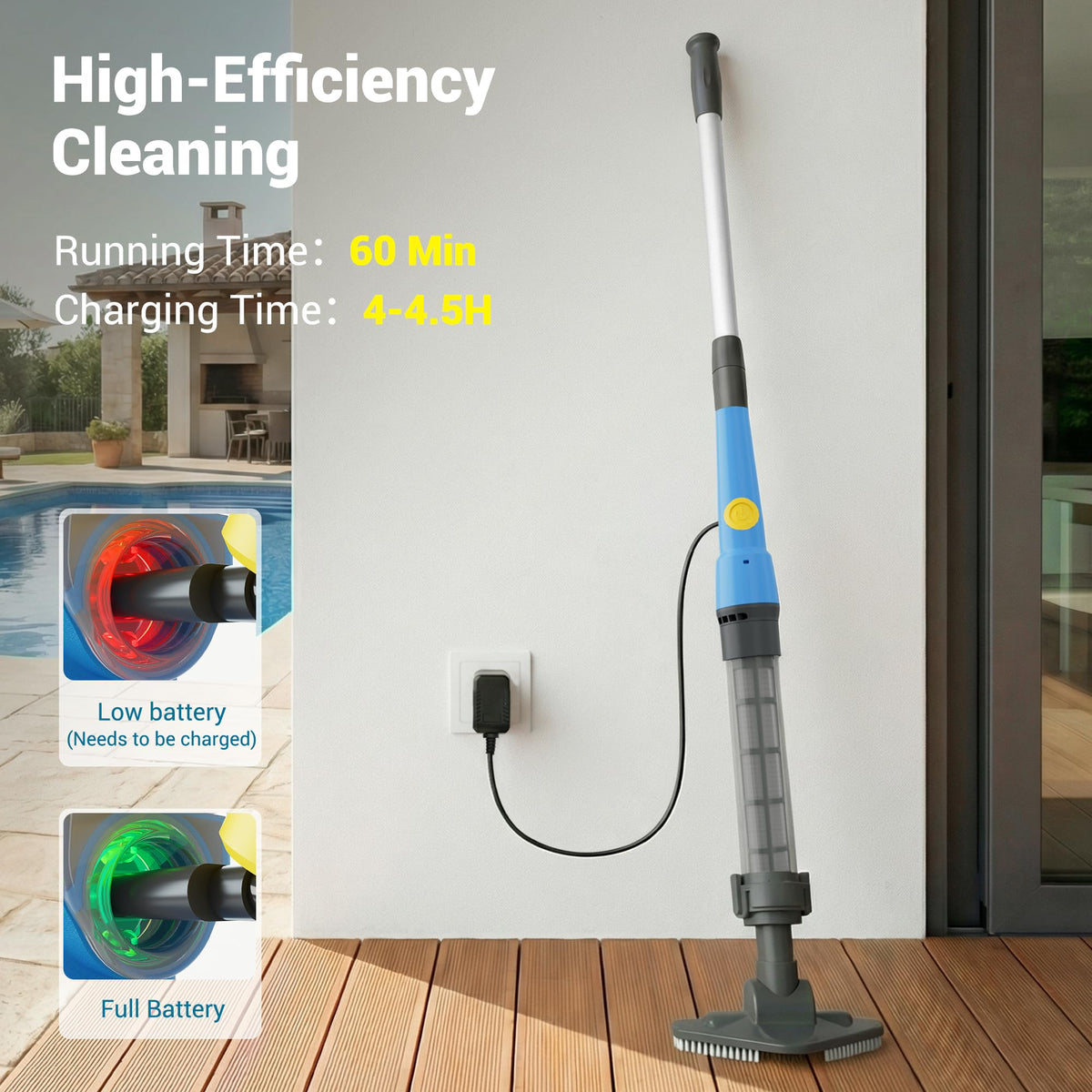 HUSHLIGHT vacuum delivers strong suction for quick pool and hot tub cleanup.