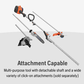 Husqvarna 122LKH attachment-capable design supports pole saw or edger.
