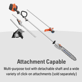 Detachable shaft showing compatibility with edger and hedge trimmer attachments