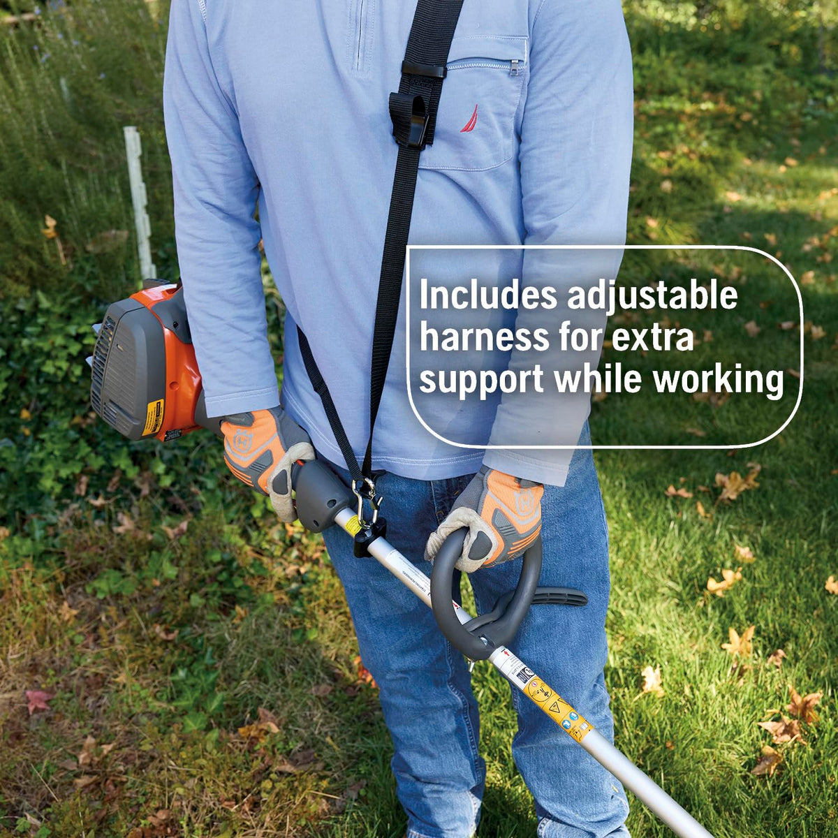 Adjustable harness adds comfort during longer trimming sessions