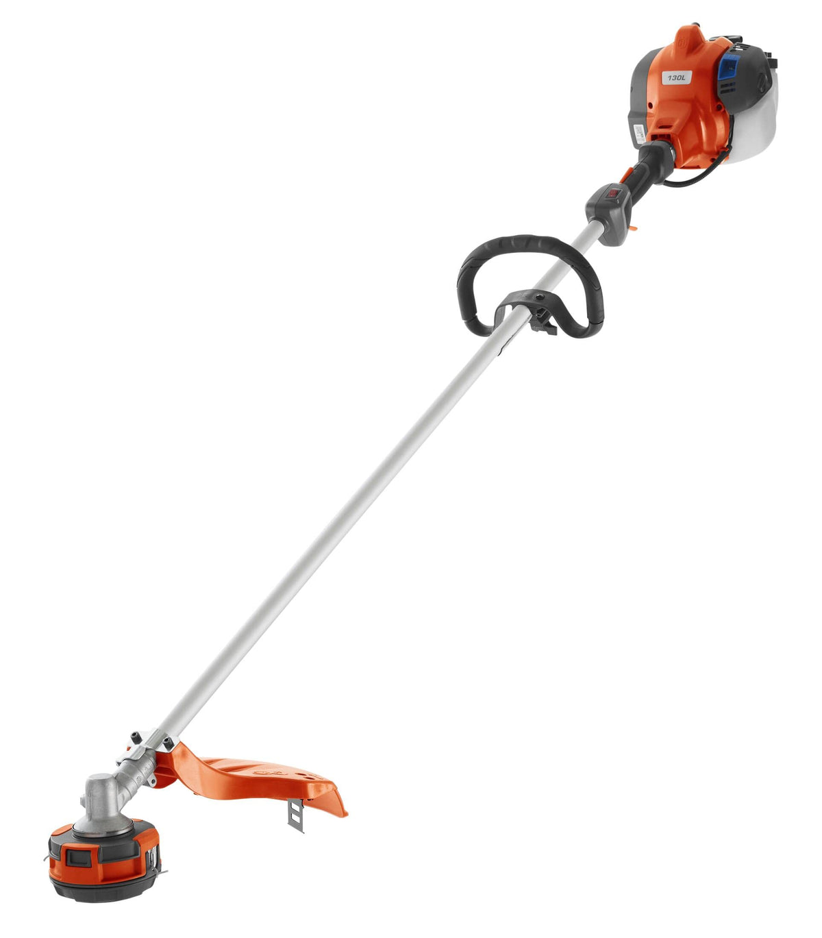 Husqvarna 130L trimmer body angled for easy reach and precise edging.
