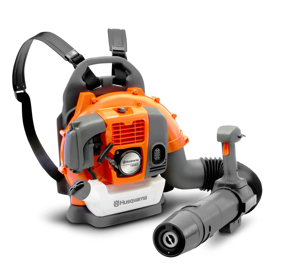 Husqvarna 150BT toy leaf blower lights and sounds for realistic outdoor play.