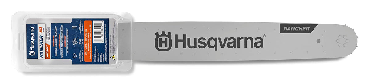 Husqvarna 20-inch guide bar for precise cuts on Rancher chainsaws.