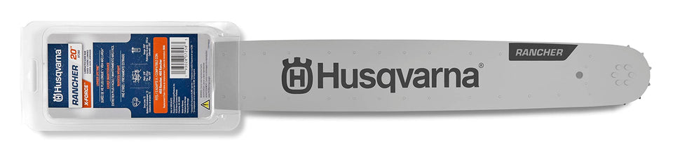 Husqvarna 20-inch guide bar for precise cuts on Rancher chainsaws.