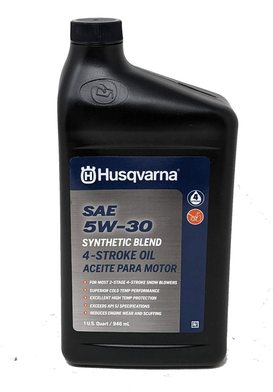 Husqvarna 32oz synthetic blend oil bottle for snow throwers, easy cold starts.