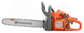 Husqvarna 440 chainsaw front view highlights compact design and control layout for easy handling