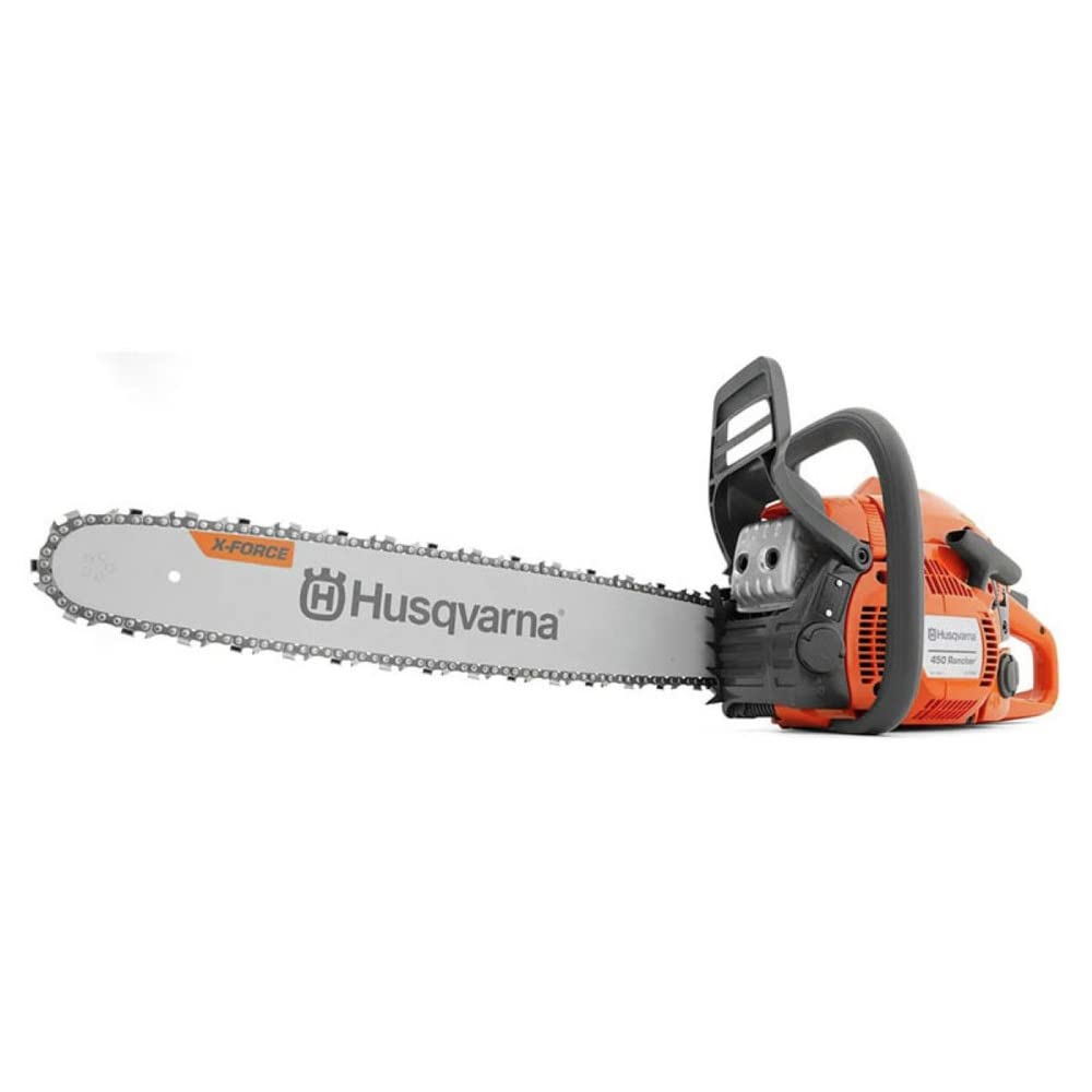 Husqvarna 450 Rancher front view showing sturdy 20-inch chainsaw in action