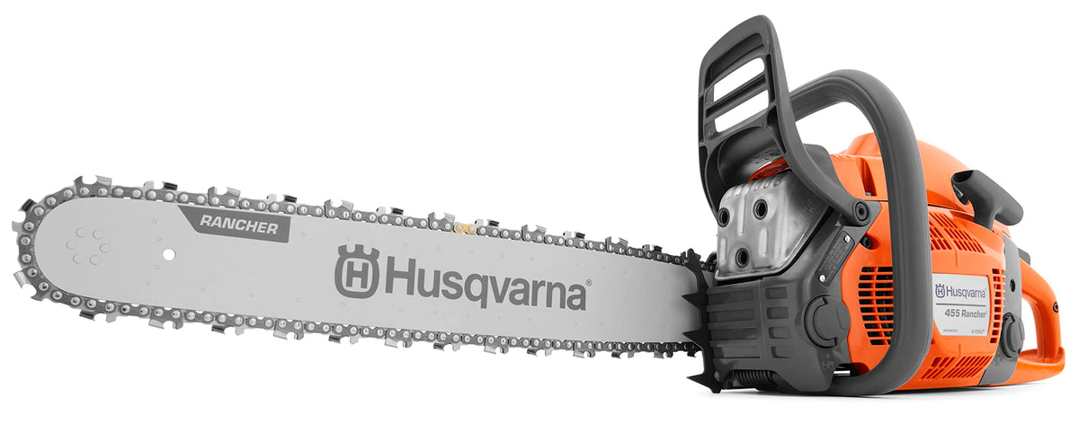 Husqvarna 455 Rancher with 20-inch bar ready for wood cutting and tree trimming.