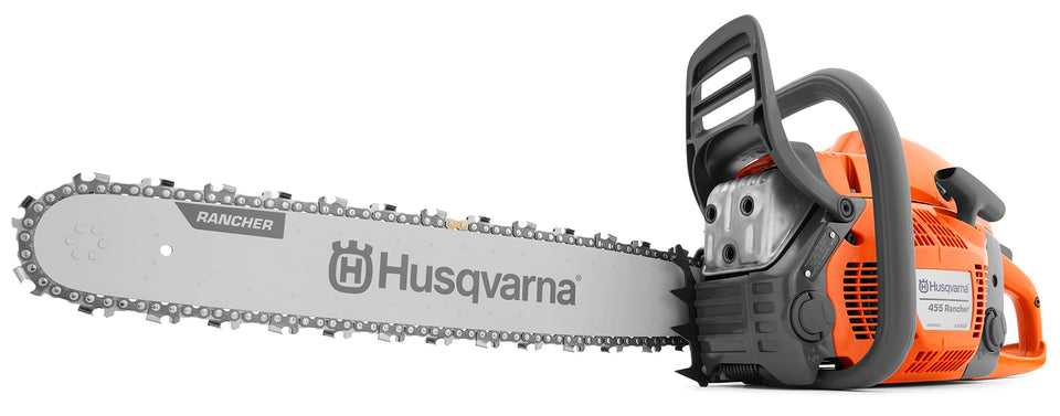 Husqvarna 455 Rancher with 20-inch bar ready for wood cutting and tree trimming.