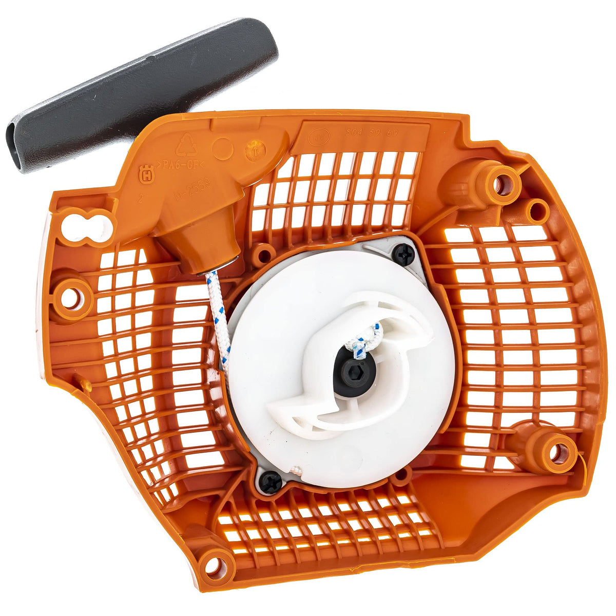 Husqvarna 504597002 recoil rope and pulley close-up for durable starts.
