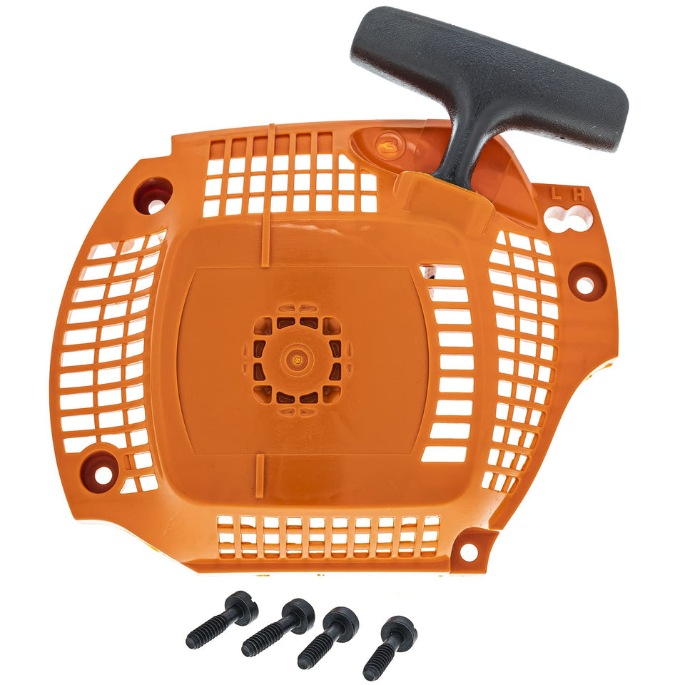 Husqvarna 504597002 recoil starter assembly on a workbench ready for reliable starts.