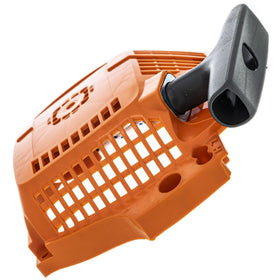 Installed recoil starter in a Husqvarna chainsaw showing quick field starts.