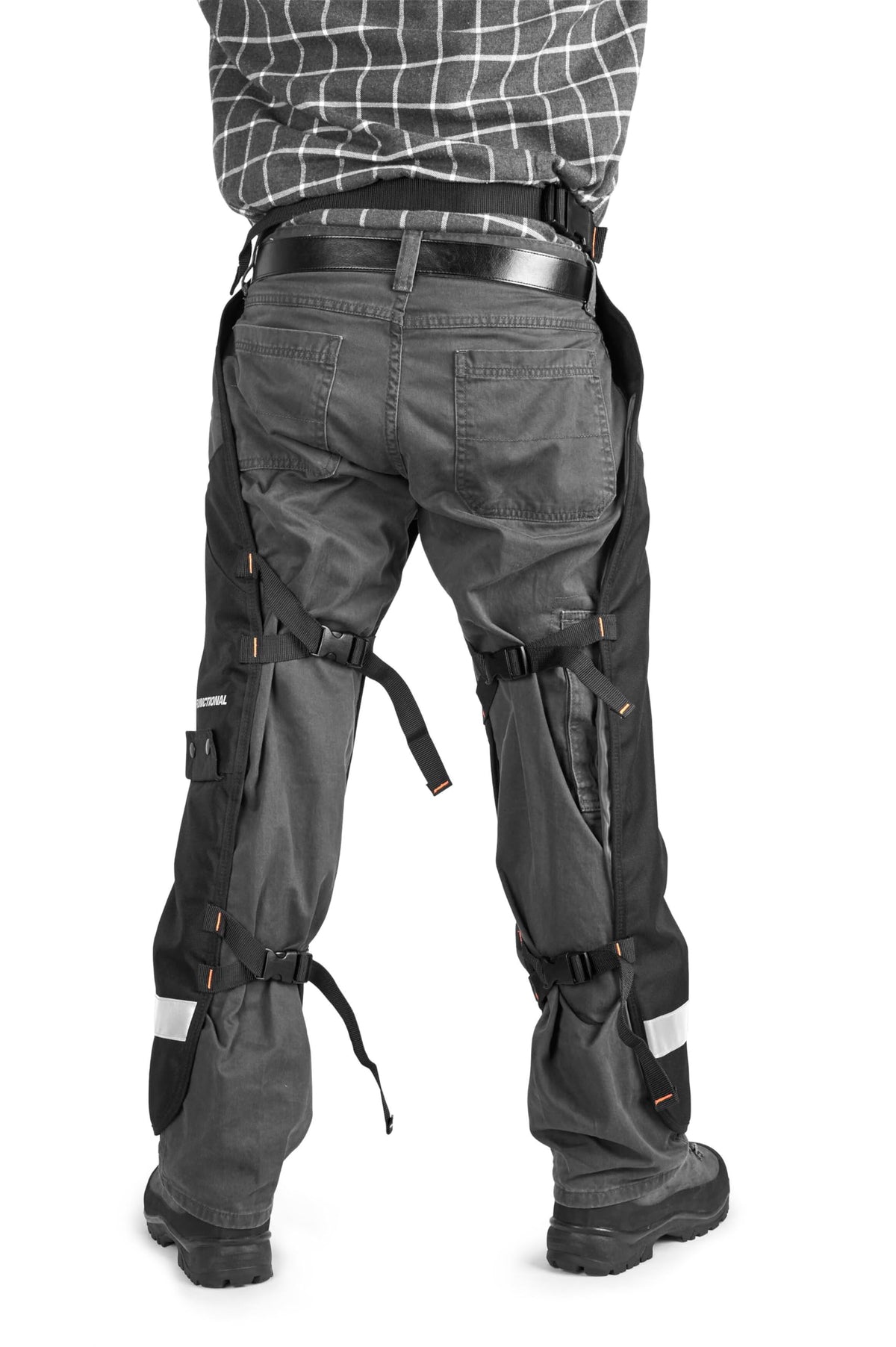 Husqvarna chaps with PVC-coated fabric for rugged outdoor use.