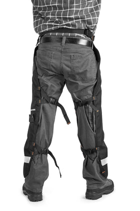 Husqvarna chaps with PVC-coated fabric for rugged outdoor use.