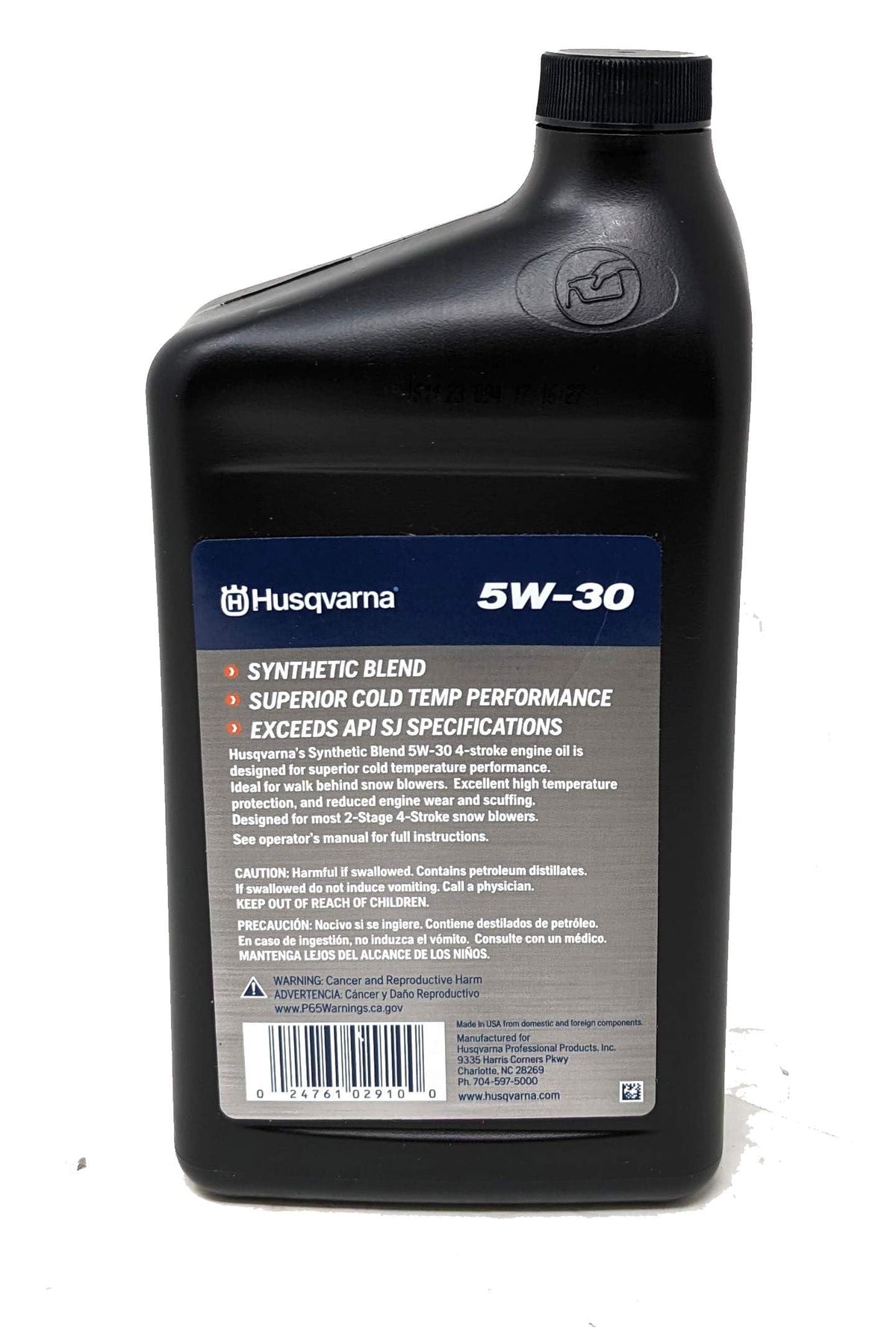 Close-up of Husqvarna 5w-30 oil label highlighting 4-stroke use and cold-temperature performance.
