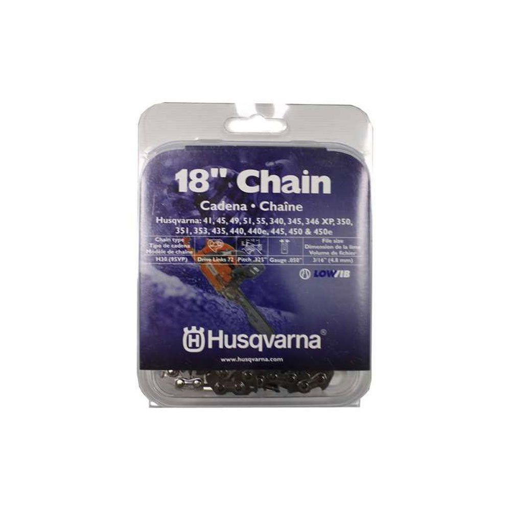 Husqvarna 18-inch chainsaw chain with low kickback and low vibration for safer cuts