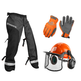 Husqvarna classic chaps protecting legs during chainsaw use and yard work
