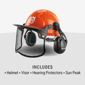 Husqvarna forestry helmet with sun peak shielding sun and debris.