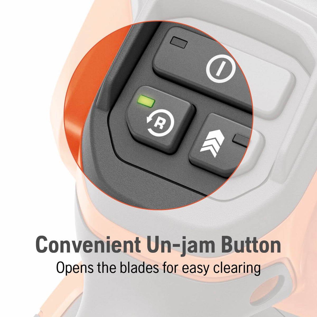 Un-jam button on Hedge Master 320iHD60 for quick blade clearance.