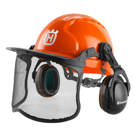 Husqvarna helmet with metal mesh face shield for clear eye protection.