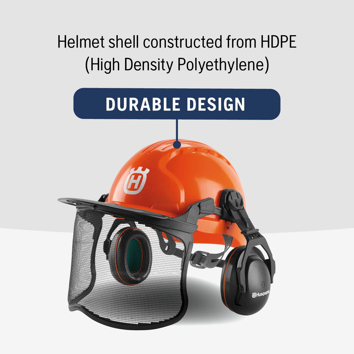 Husqvarna nylon mesh visor for visibility and water runoff.