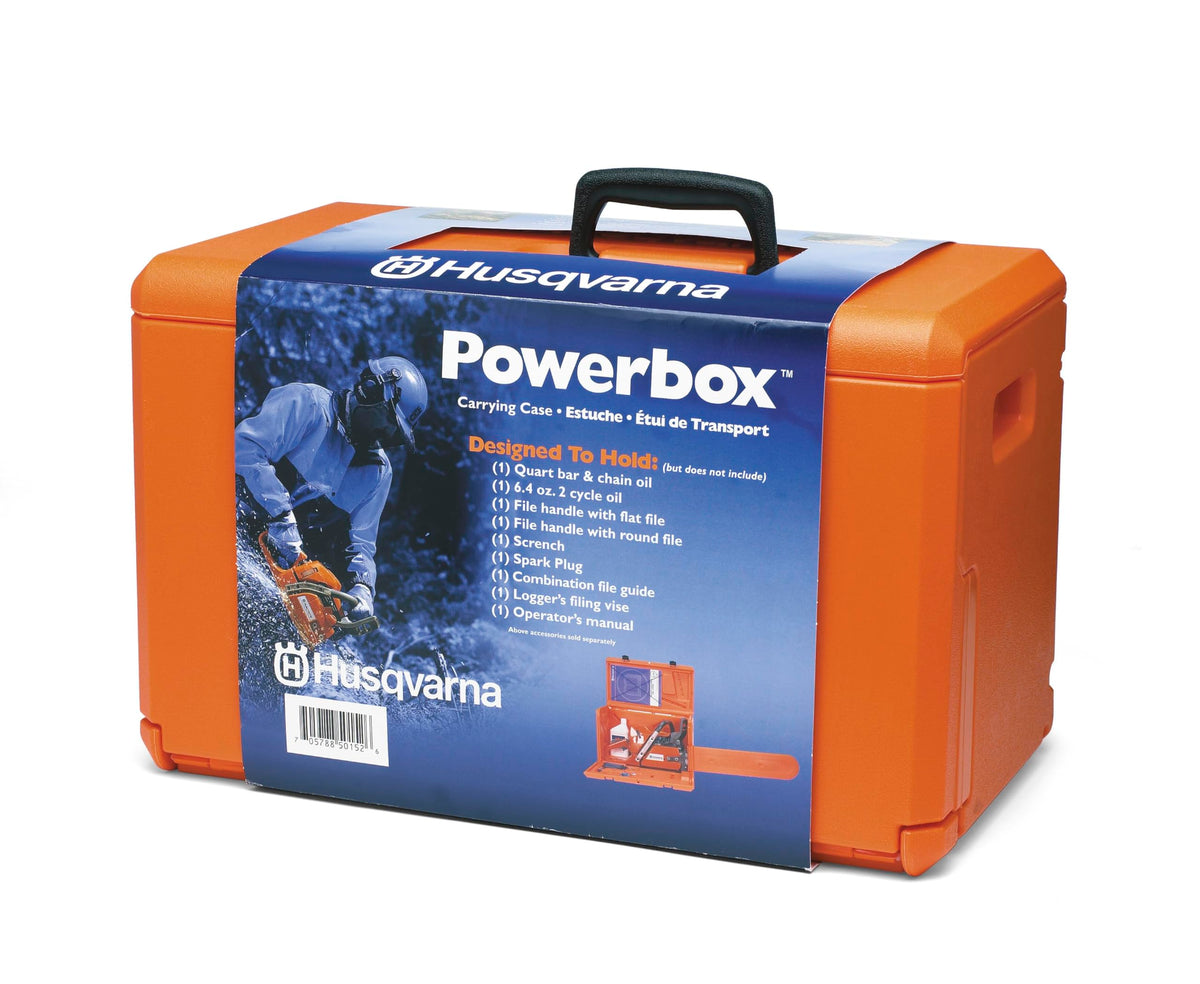Husqvarna Powerbox carrying case opened showing tool organizer for secure gear