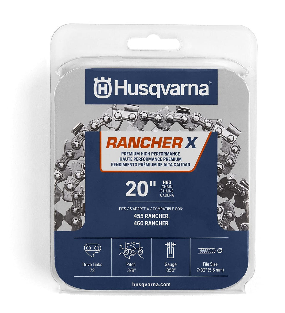 Husqvarna Rancher X H80 20-inch chain mounted on bar for precise cutting efficiency.