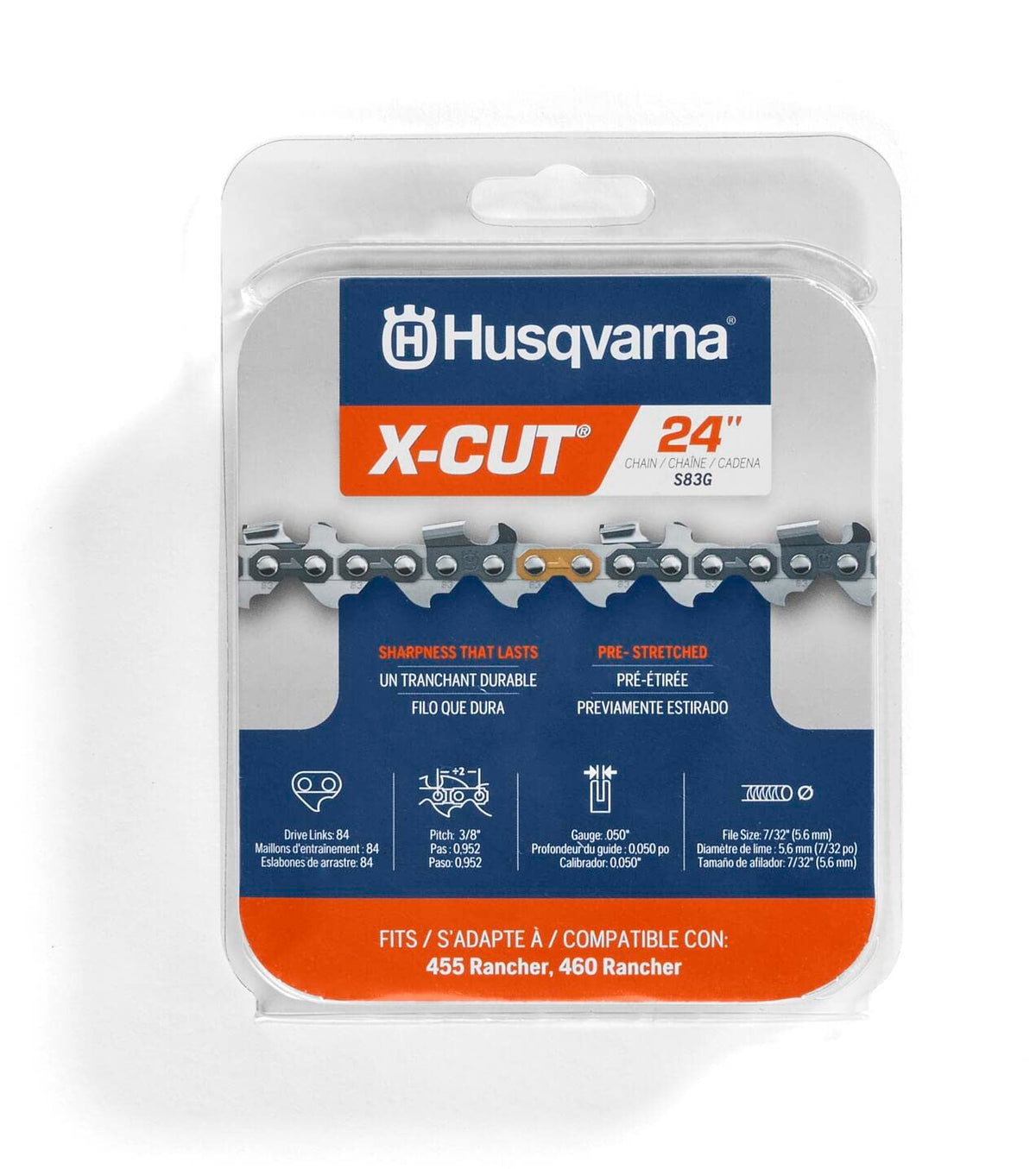 Husqvarna S83G 24-inch chain mounted on bar for precise cutting efficiency