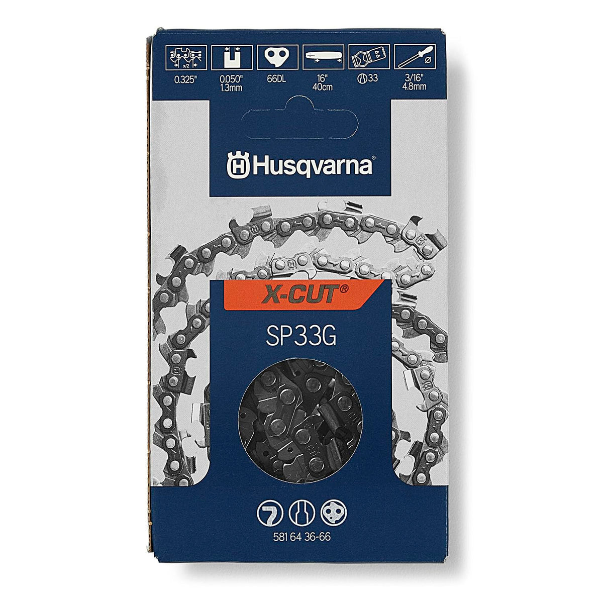 Husqvarna X-Cut SP33G 16-inch chain close-up showing precise drive links and durability.
