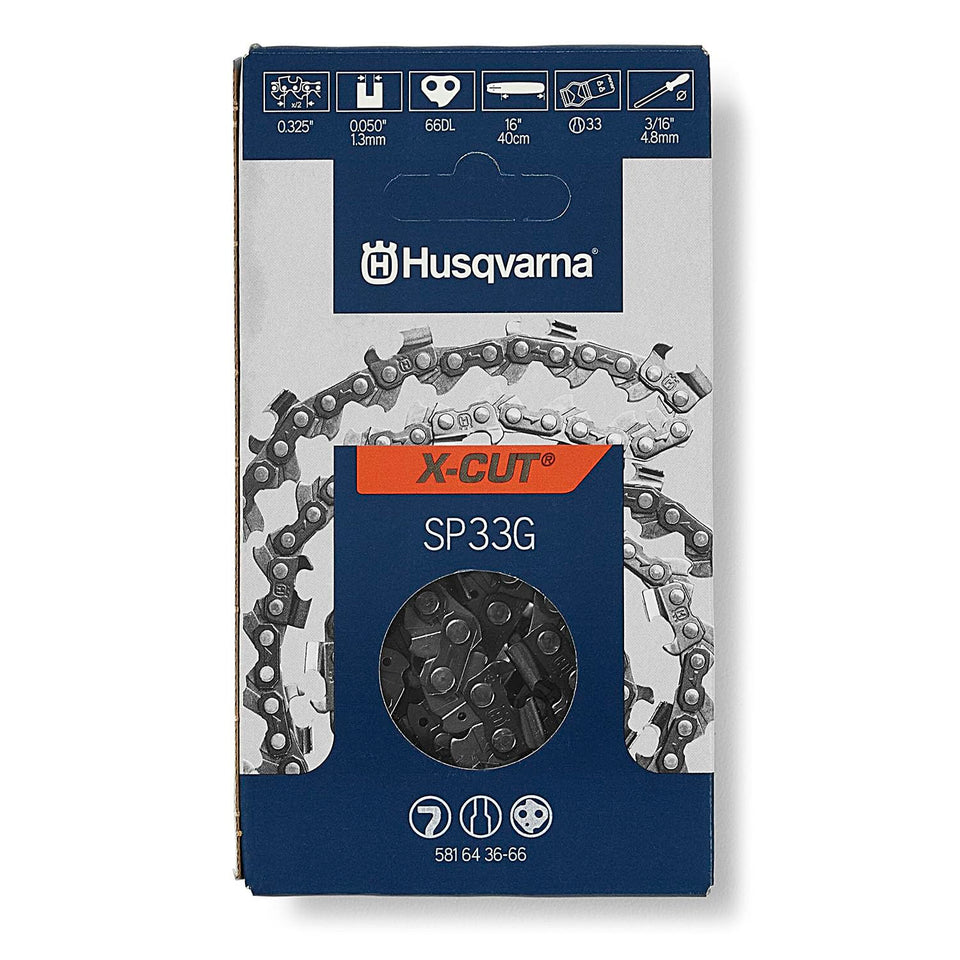 Husqvarna X-Cut SP33G 16-inch chain close-up showing precise drive links and durability.