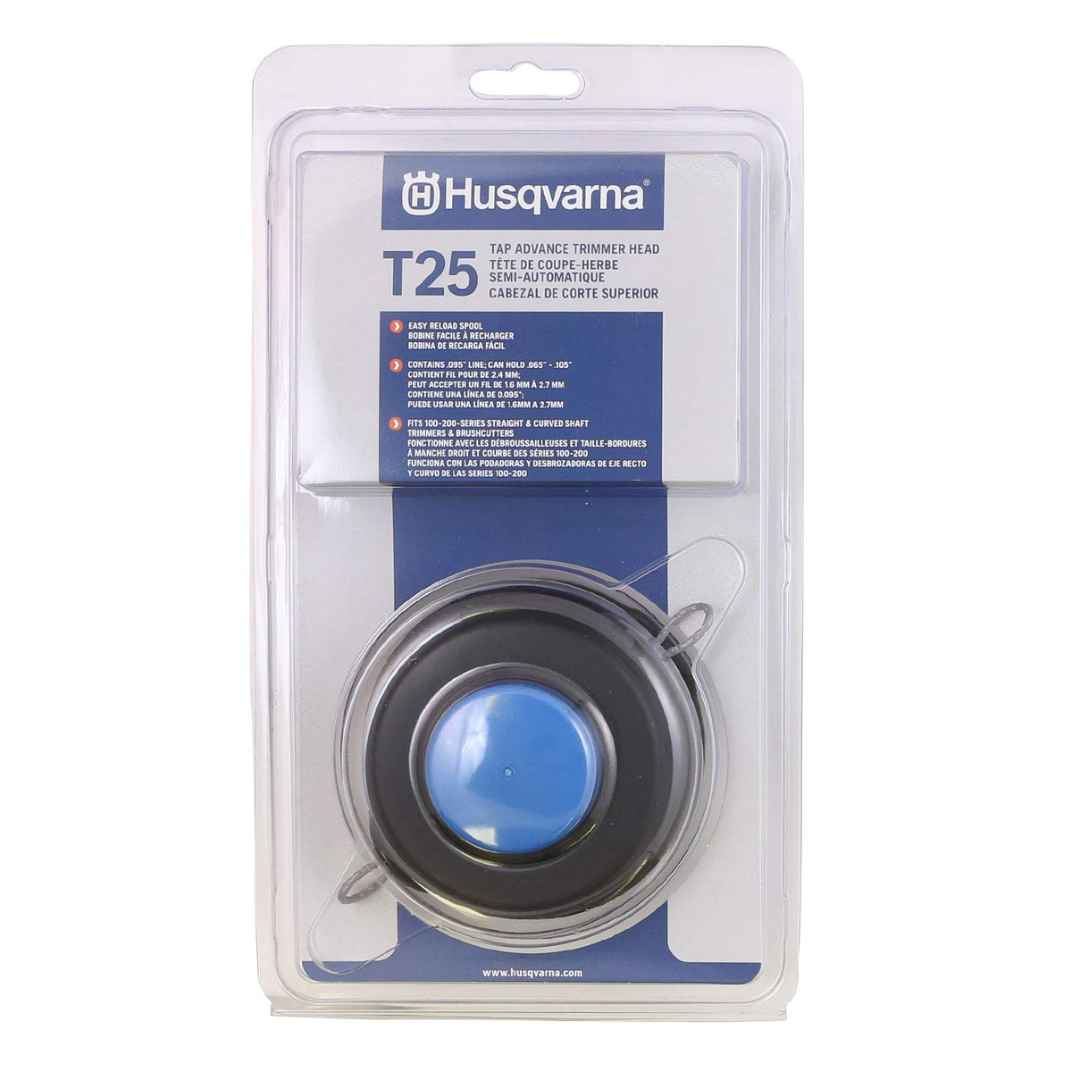 Husqvarna T25 close-up cap shows easy reload for faster line changes.