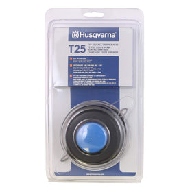 Husqvarna T25 close-up cap shows easy reload for faster line changes.