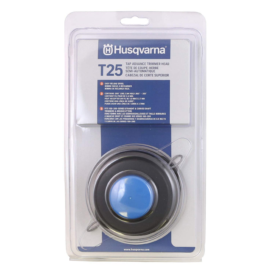 Husqvarna T25 close-up cap shows easy reload for faster line changes.