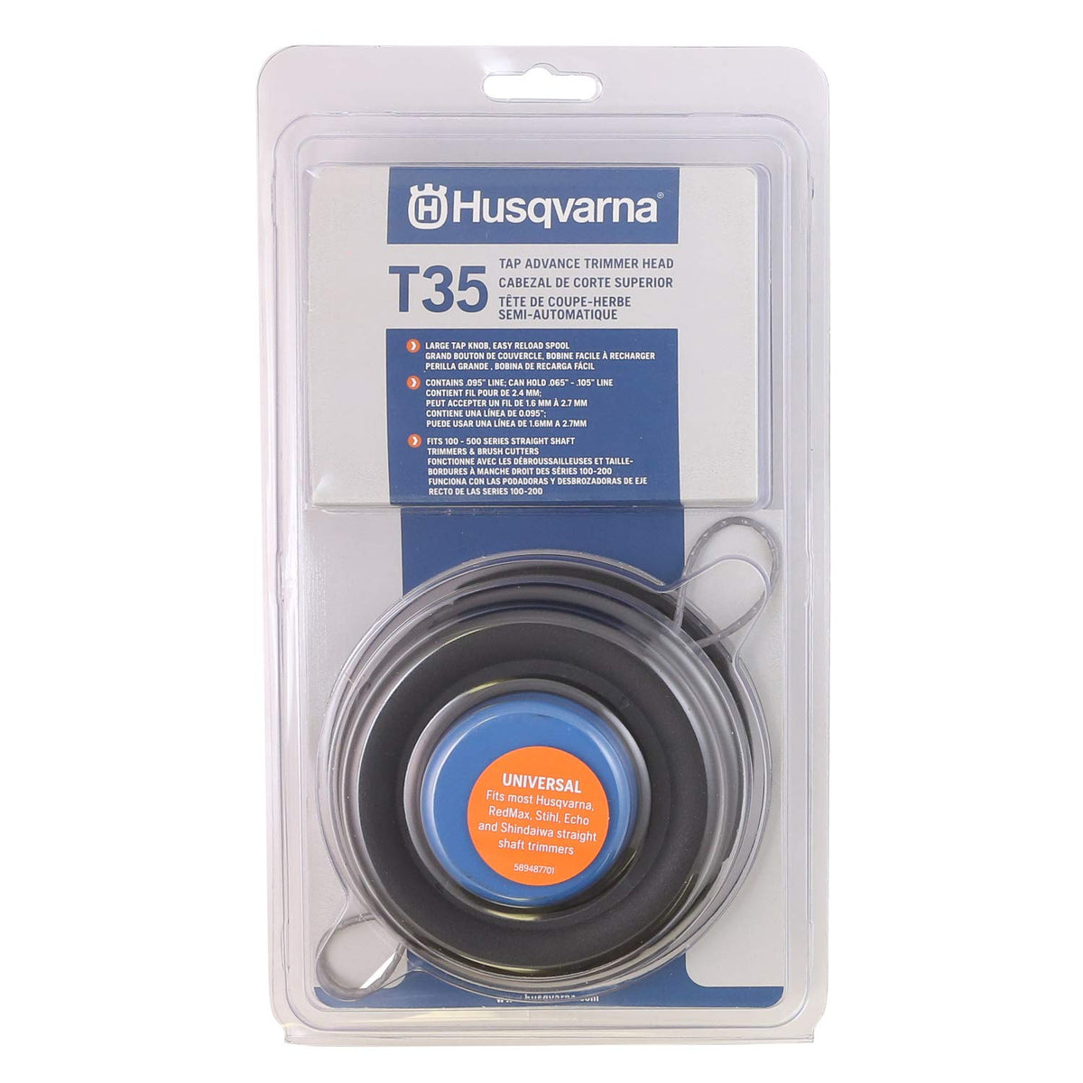 Husqvarna T35 tap-advance head universal, enables quick reloads and wide compatibility.