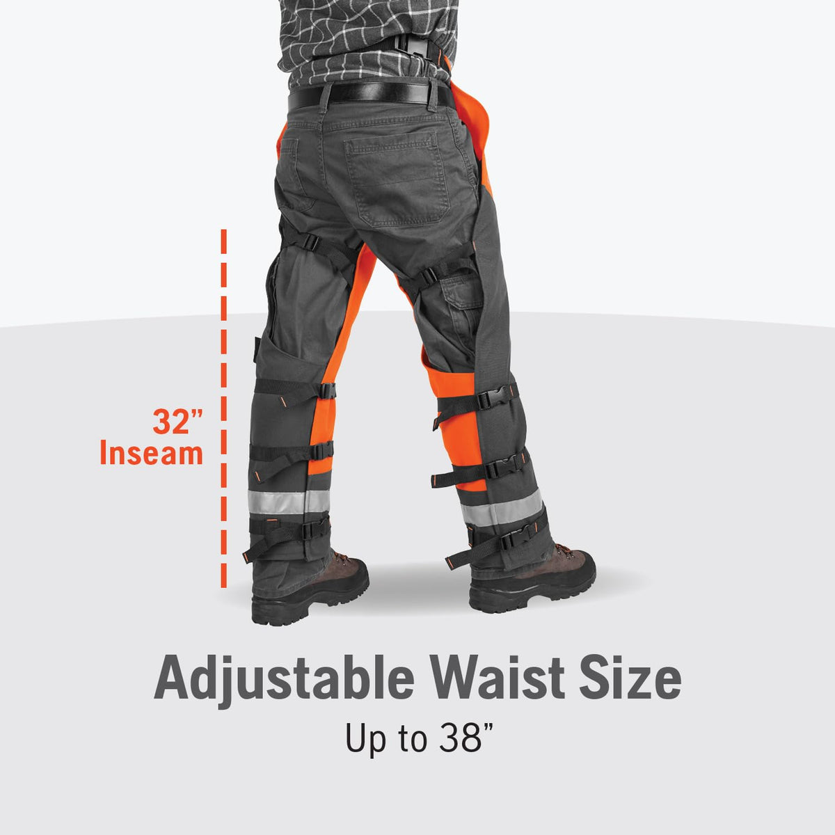 Husqvarna chaps show five-layer Tek Warp protection for durable on-site use.