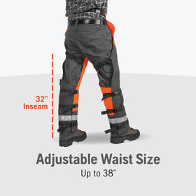 Husqvarna chaps show five-layer Tek Warp protection for durable on-site use.